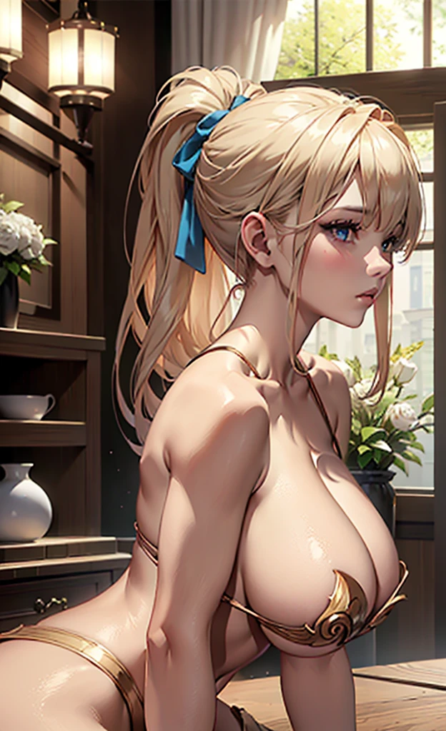 from the side,(Scenes,Fantasy Art,Highest image quality,Surreal主义肖像,(8K),Surreal,best quality,high quality,HD,High quality textures,High Detail,Beautiful and detailed,fine,Extremely detailed CG,Detailed texture,True representation of the face,On the table,present,Dynamic,bold),1 GIL,Ultra-delicate skin,curve,,Beautiful breasts,Huge Breasts,Pale skin,Pointed chest,stand erect,Ponytail,(Very thin hair),(Super soft hair),(Super straight hair),Sweep long bangs,very light copper amber hair,Hair covering one eye,Sportswear