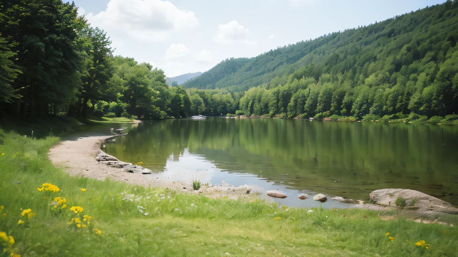((best quality)), ((masterpiece)), (detailed), This photo shows a beautiful lake in a forest，Taken on a sunny summer day。Surrounded by green trees，The lake is crystal clear，Reflecting the beautiful scenery of blue sky and white clouds。Svetlin Velinov’s photography style is extremely artistic，Focus on minimalism，Capturing the purity and harmony of nature。

A coniferous forest landscape can be seen in the background，This view of the Siberian taiga adds a sense of depth to the image。Tall pine and fir trees stand erect，Lush foliage，Lots of greenery。Sunlight through the canopy，Spreading mottled light and shadow，Adding a mysterious and quiet atmosphere to the forest。Green trees around the lake reflect the water，Make the overall picture more vivid and harmonious。

The lake in the foreground acts like a mirror，Quietly showing the beauty of nature，Gives people a sense of peace and tranquility。The lake water ripples gently in the breeze，Occasionally, traces of fish swimming can be seen on the water surface.。Natural arrangement of shore stones by the lake，some covered with moss，Look simple and natural。On the grass by the lake，Dotted with colorful wildflowers，It adds a touch of liveliness and vitality to the whole picture。
