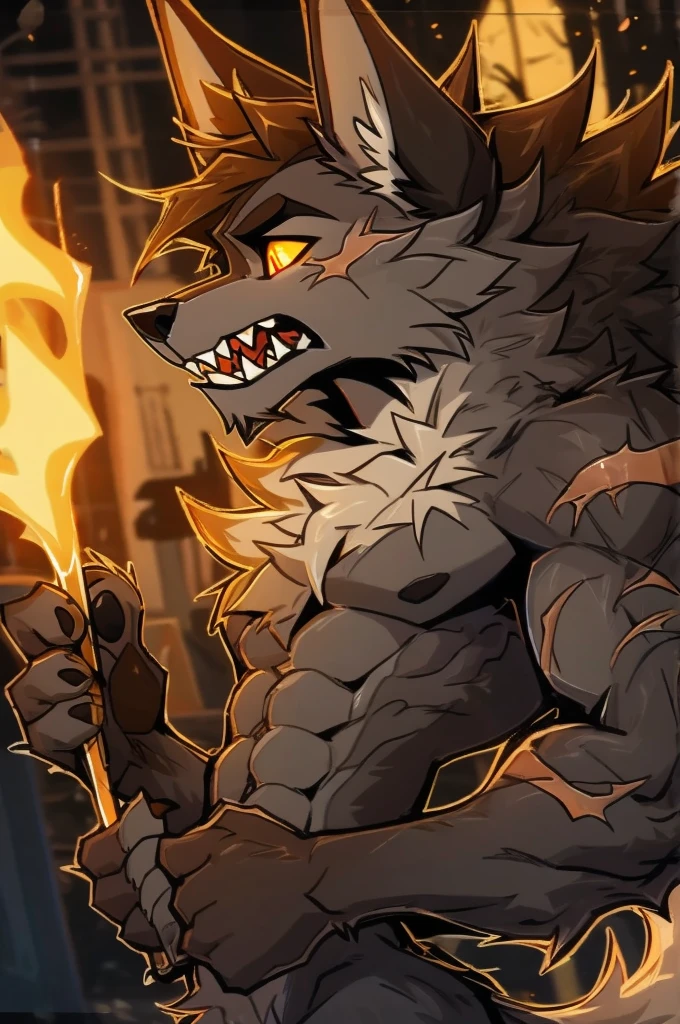 close up, furry, anthro, giant werewolf,wolf ears,wolf tail, dark grey and white fur, messy fur, neck floof, yellow glowing eyes, razor sharp teeth, muscular body, handsome, monstrous, tall, alone, body covered in scars, pawpads, black pawpads, best quality, 4K, UHD, masterpiece,