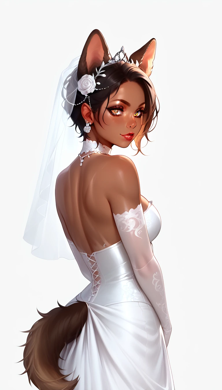 score_9, score_8_up, score_7_up, 1girl, solo,
short hair, glowing brown eyes, curved ram horns, ((dog ears, dog tail)), tanned skin, demoness, (dog:1.2),
monochromatic, eerie atmosphere,
(wedding dress), seductive, stark white background