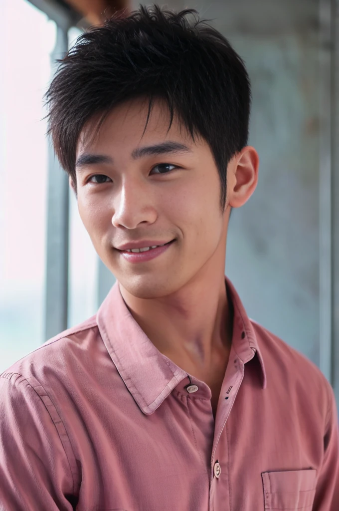 ((Highest quality, 8K, Masterpiece: 1.3))、Thailand Laos Burma Asia, Thai man, A handsome Asian rugby player with short hair, a muscular beard, and big muscles., １A man who has、 yo、Good appearance、Beautiful nose、smile、 Detailed eyes and face、beautiful light、(studio)、high resolution、（Look at the viewer.）、Fine mouth、smile、whole body: 1.5, perfect shape: 1.3, looking at camera ,Pink button-up shirt, bedroom sunlight looking at the sea