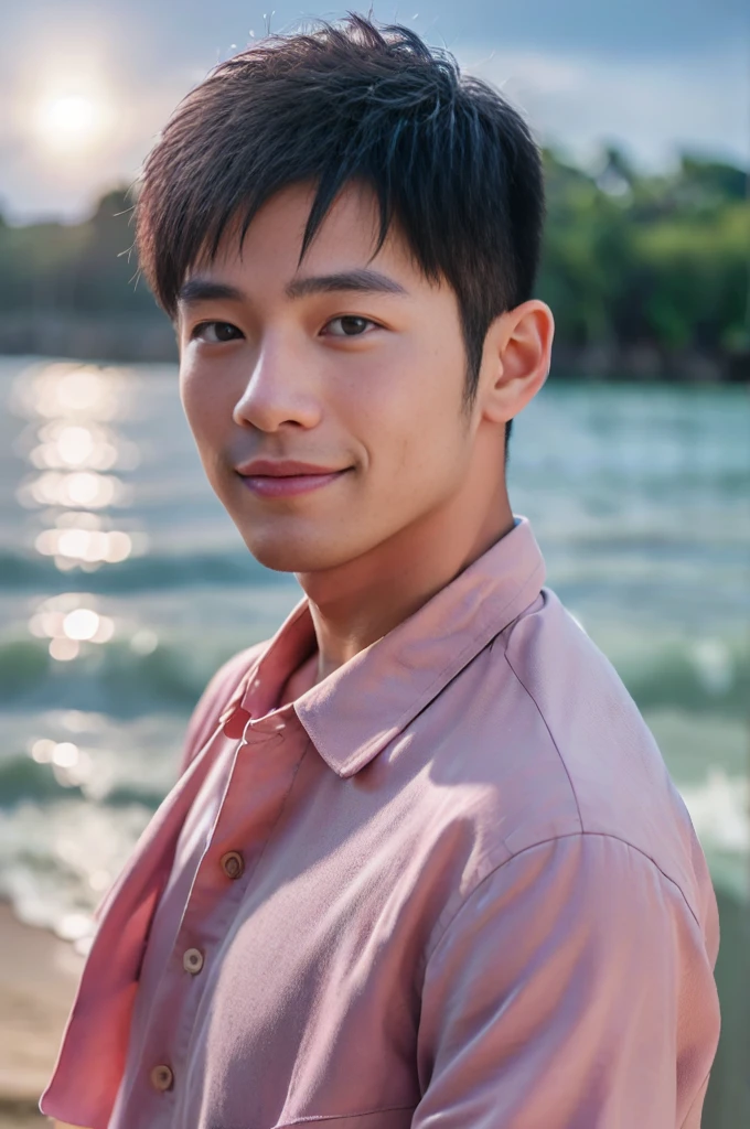 ((Highest quality, 8K, Masterpiece: 1.3))、Thailand Laos Burma Asia, Thai man, A handsome Asian rugby player with short hair, a muscular beard, and big muscles., １A man who has、 yo、Good appearance、Beautiful nose、smile、 Detailed eyes and face、beautiful light、(studio)、high resolution、（Look at the viewer.）、Fine mouth、smile、whole body: 1.5, perfect shape: 1.3, looking at camera ,Pink button-up shirt, bedroom sunlight looking at the sea