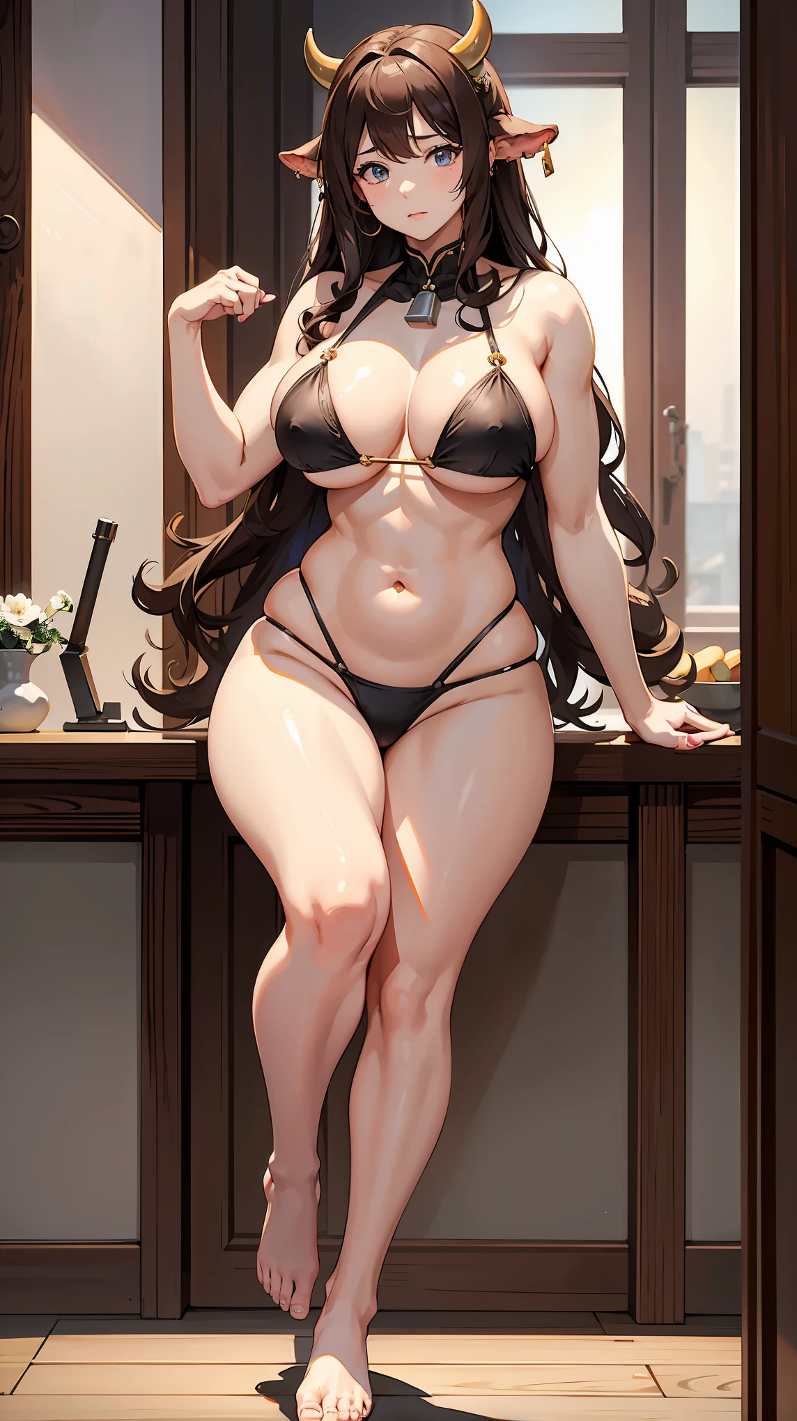 Highest quality、masterpiece、8K、Realistic、超High resolution、Very delicate and beautiful、High resolution、（Cowgirl）、Muscle Girl、Big body、Perfect female body、Beautiful woman、Mature Woman、Brown Hair、Curly Hair、Cow horn、Foot ears、Cow&#39;s tail、Earrings、Large Breasts、Big Ass、Plump body、Sexy pose、Full body emphasis