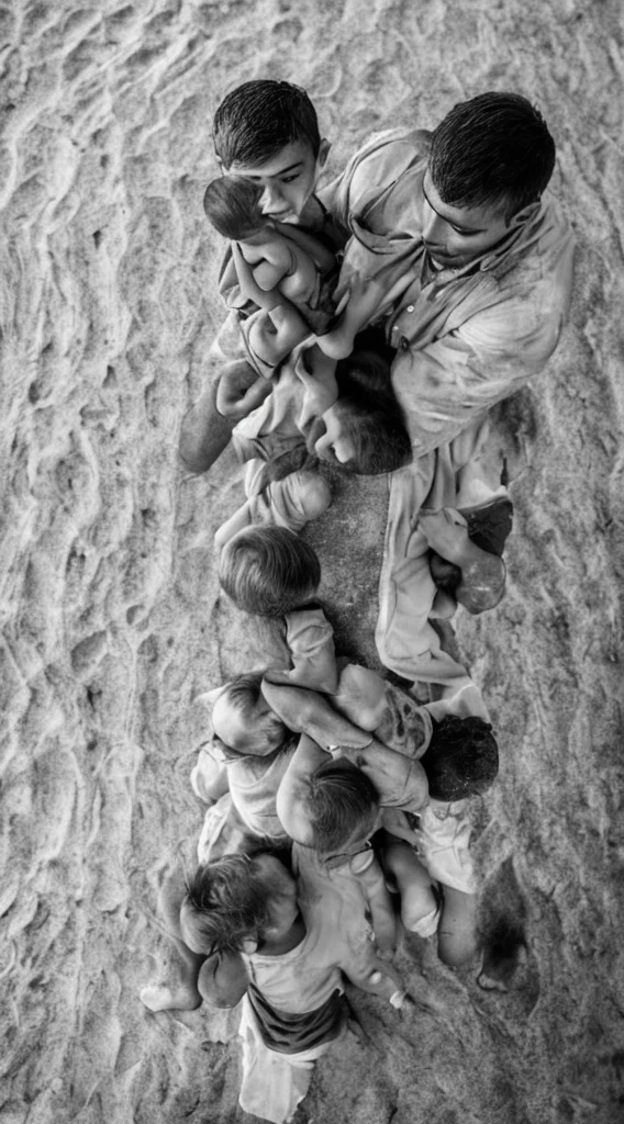 a man holding his two children in his arms, he protects his children from the falling rain, rain is actually sand flowing from a melting clock 