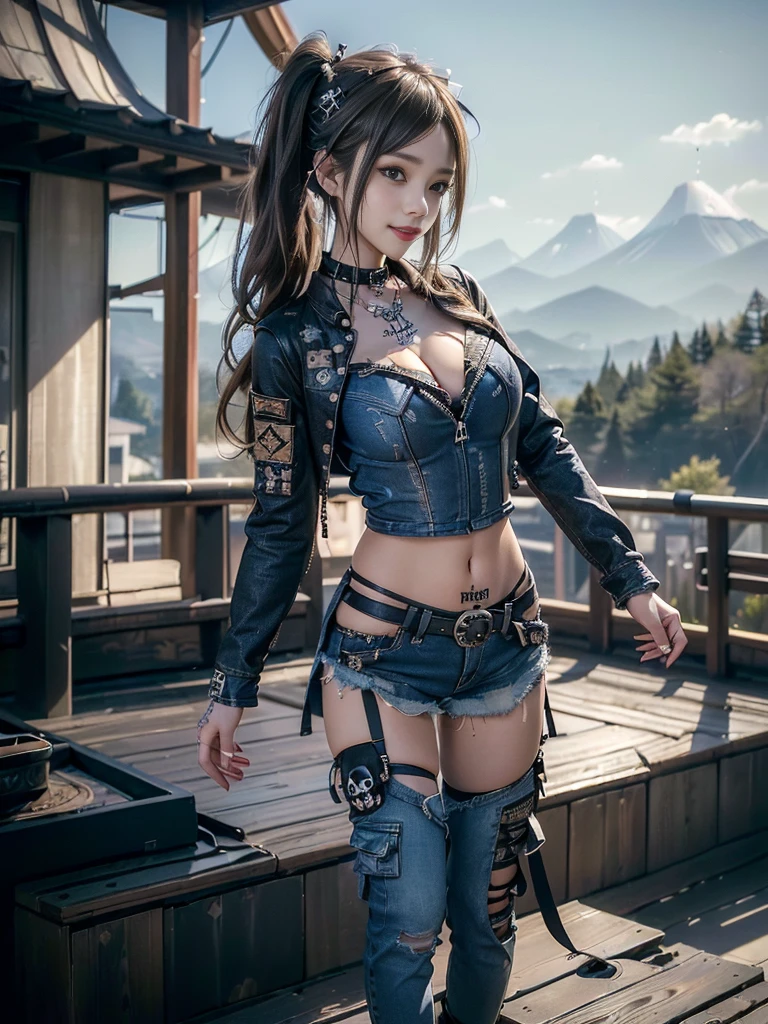 (Beautiful lips and nose:1.4)、(Long eyelashes:1.4)、(Smiling with teeth showing:1.3),(Shibuya Gal:1.5)、(Gothic Lolita delicately decorated dress:1.5)、(Tattered denim and black punk rock cargo pants:1.5)、(Denim and black navy skull mark small jacket:1.4)、(denim garter belt:1.5)、(Black and denim knee socks:1.3)、(Skull Silver Accessories:1.5)、(Denim collar:1.3)、(Brown Skin Belt:1.4)、(Brown boots:1.2)、(The underwear is striped:1.4)、31 years old、((Highest quality、In 8K、masterpiece:1.3))、Sharp focus:1.2、(Layered Cut、Huge boobs:1.1),Beautiful woman with perfect figure:1.4、(Dancing vigorously:1.3)、Slender Abs:1.2、Highly detailed face and skin texture、Detailed eyes、double eyelid,(Twin tails:1.3)、(Brown-golden hair:1.3)、Gravure idol、(The background is a vast mountain with a clear view々Beautiful luxury resort destination in Europe:1.3)、(Slim body:1.2),(Make your legs thinner:1.4),(clavicle:1.1)