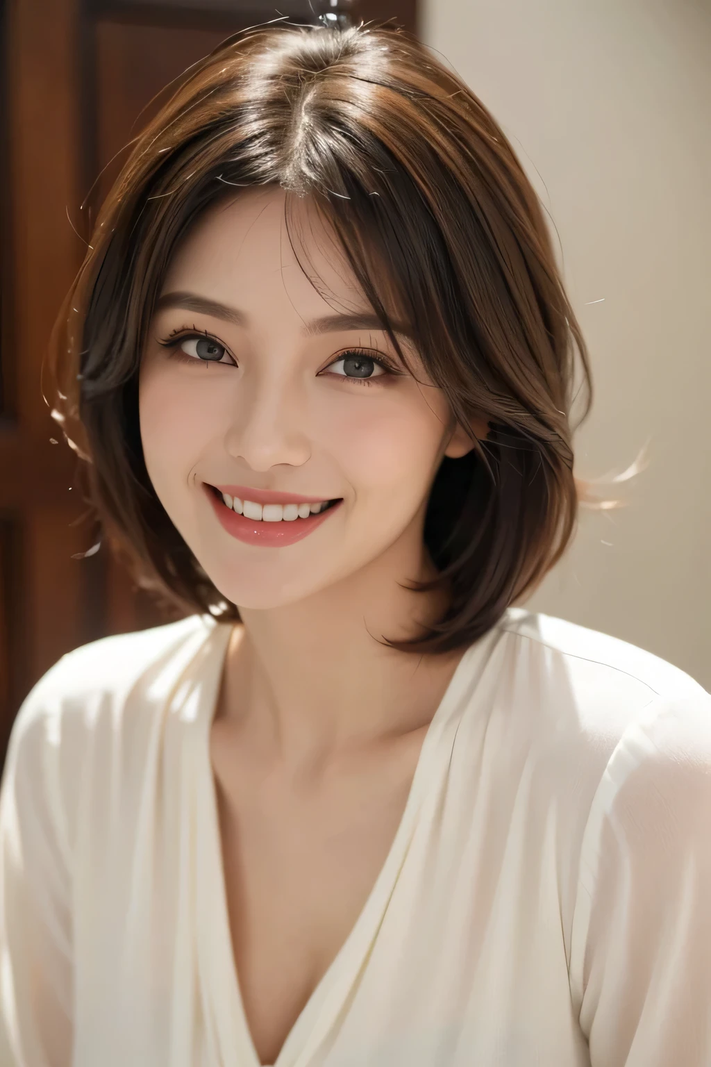 ((masterpiece)), ((Highest quality)), ((Complex)), ((Surreal)), (Realistic), (Mature Woman), ((There are no classes)), Very detailed, (1 female), Beautiful and exquisite, (Beautiful Teeth), Grin, Brunette Bob Hair, Brown eyes, ((blouse)), (Upper Body), (background:none), Perfect Eyes, Captivating eyes, Looking at the audience