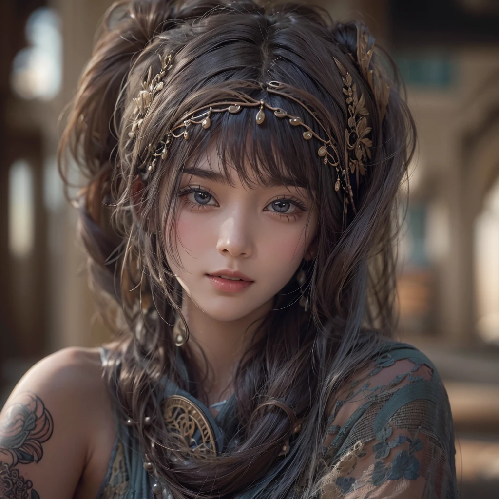 Hiding in the desert、Hair flow、 ((Highest quality、masterpiece、8K、Best image quality、Ultra-high resolution、Award-winning works)、(Accurate anatomy:1.1)、(Look at me and smile:1.1)、Shining fair skin with Ultra-high resolution、The most detailed face、Ultra-high resolution detailed face、Ultra-high resolutionの髪の毛、(Ultra-high resolutionの煌めく瞳:1.1)、Beautiful face drawn in every detail、(Blurred Background:1.1)、Ancient Islamic clothing, Chest to chest, tattoo, Old ruins in the background、Black Authentic Dress Up Elegant Underarm