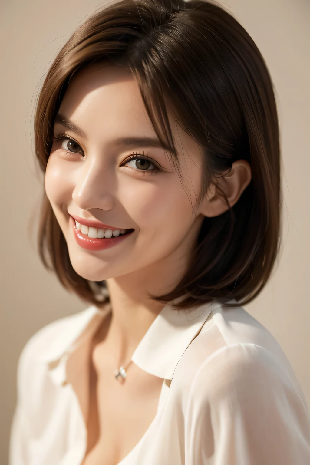 ((masterpiece)), ((Highest quality)), ((Complex)), ((Surreal)), (Realistic), (Mature Woman), ((There are no classes)), Very detailed, (1 female), Beautiful and exquisite, (Beautiful Teeth), Grin, Brunette Bob Hair, Brown eyes, ((blouse)), (Upper Body), (background:none), Perfect Eyes, Captivating eyes, Looking at the audience