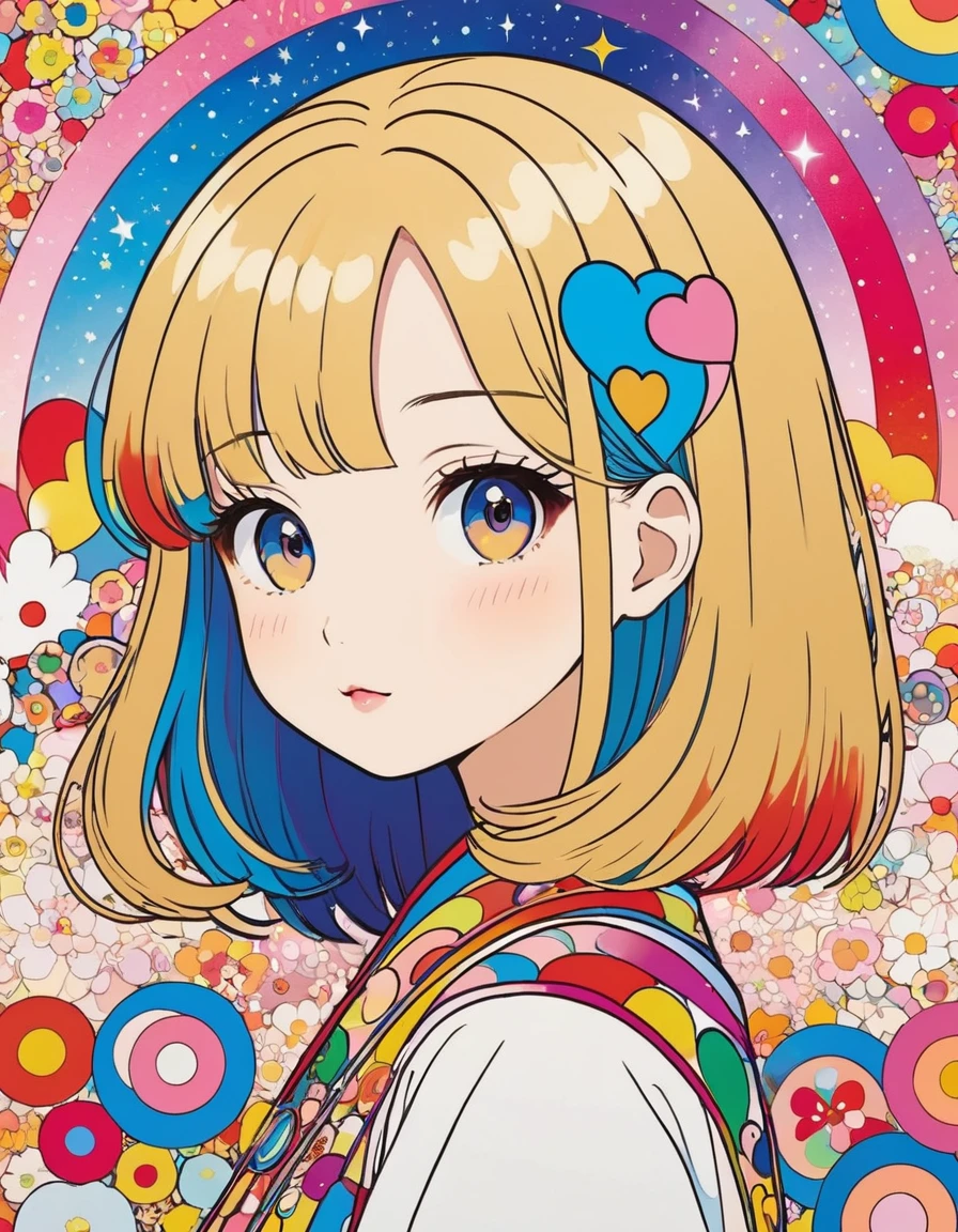 Masterpiece　Golden Ratio　Takashi Murakami style, Simple line initials，Abstract art，Kawaii Design, The most beautiful girl of all time,Bob hair background is stardust, Colorful Hearts