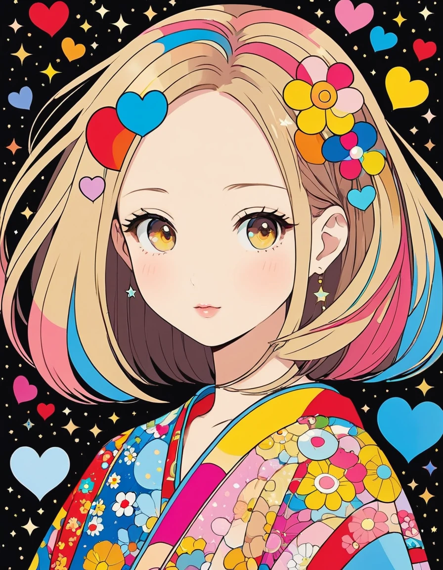 Masterpiece Golden Ratio Takashi Murakami style, Simple line initials,Abstract art,Kawaii Design, The most beautiful girl of all time,Bob hair background is stardust, Colorful Hearts