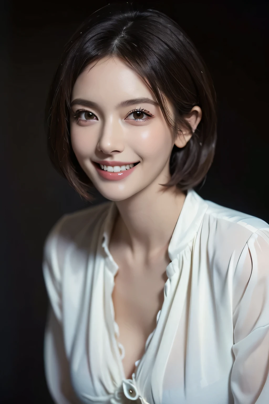 ((masterpiece)), ((Highest quality)), ((Complex)), ((Surreal)), (Realistic), (Mature Woman), ((There are no classes)), Very detailed, (1 female), Beautiful and exquisite, (Beautiful Teeth), Grin, Brunette Bob Hair, Brown eyes, ((blouse)), (Upper Body), (background:none), Perfect Eyes, Captivating eyes, Looking at the audience