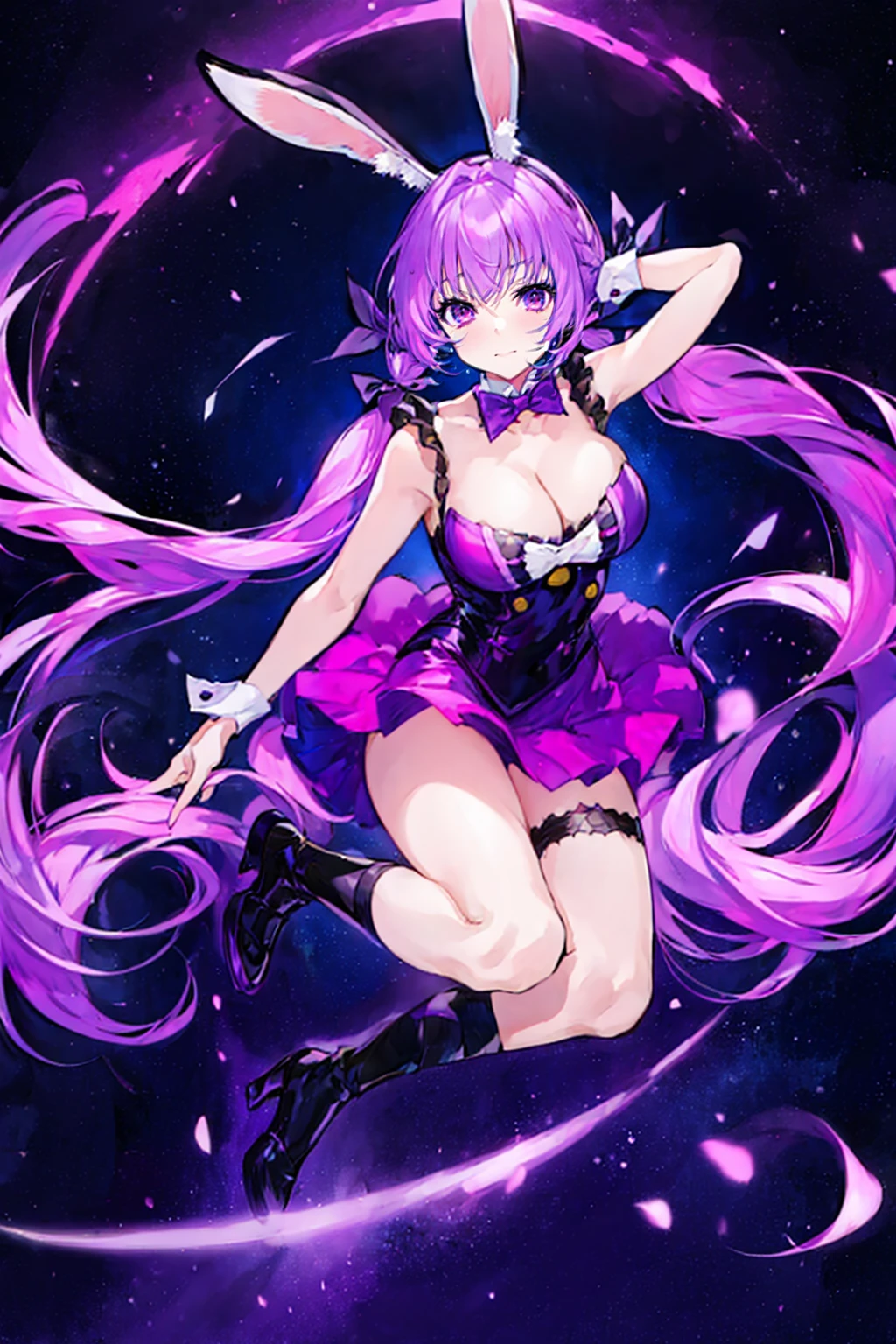 1girl,solo,cute,twintail and light purple hair,rabbit ears,purple eye,bigbreast,cleavage,starry night,full body,