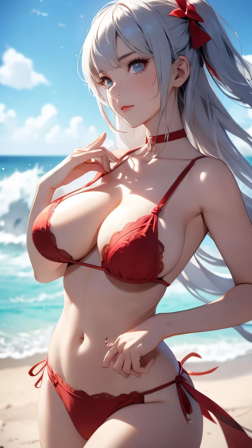 Naruto's Rope, Nue (Huge boobs), Gray Hair, Upper Body, Abdominal muscles, Symmetrical round chest, Deserted Beach, Large Breasts, Huge , 4K Ultra UHD, Perfect hands, Five Fingers, Perfect Eyes, Red lace bikini