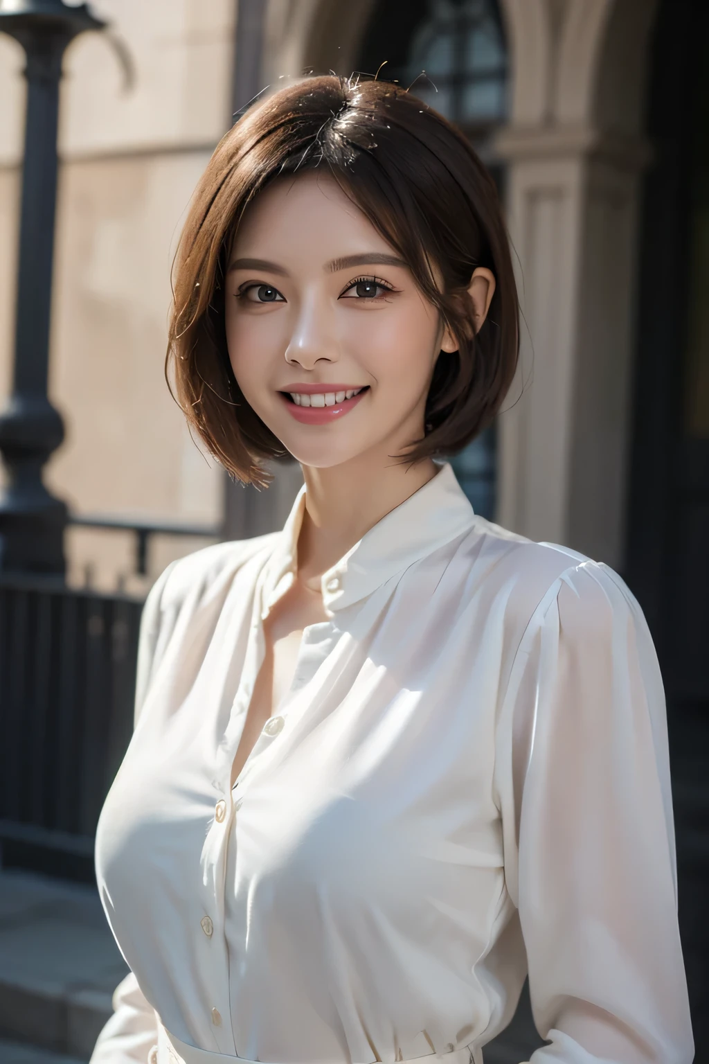 ((masterpiece)), ((Highest quality)), ((Complex)), ((Surreal)), (Realistic), (Mature Woman), ((There are no classes)), Very detailed, (1 female), Beautiful and exquisite, (Beautiful Teeth), Grin, Brunette Bob Hair, Brown eyes, ((blouse)), (Upper Body), (background:none), Perfect Eyes, Captivating eyes, Looking at the audience