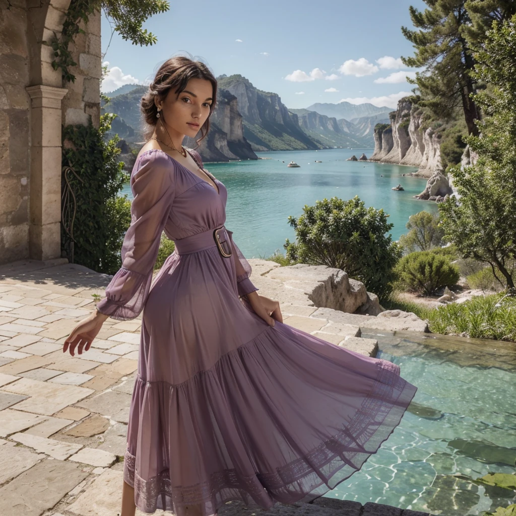 1 magnifique femme italienne ,avec un magnifique visage trés réel et trés détaillé ,une magnifique robe gucci de couleurs mauve,des magnifiques accesoir bijoux... gucci ,tout cela dans un magnifique paysage de nature avec un lac en 8k rtx