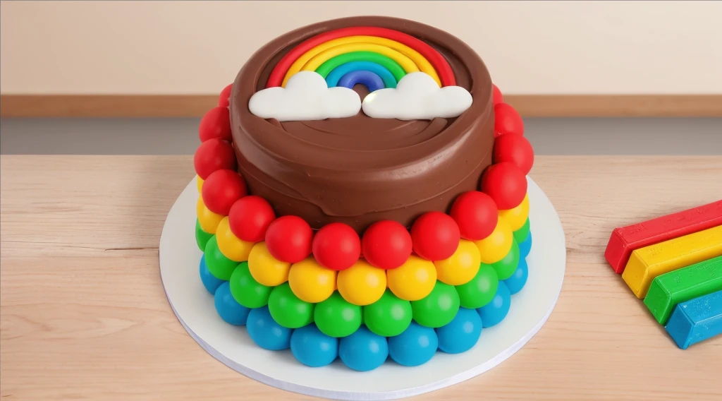 on a wooden table, on a white plate, a chocolate cream cake, candy candies around the cake, a cloud and a rainbow made of polymer clay on the cake, window light, bright lights, soft light, window light, professional lighting, light from the window, neat light, realistic texture, realistic style, detailed texture, high quality, high resolution, high quality rendering, realistic photo, brightning light, macro photo