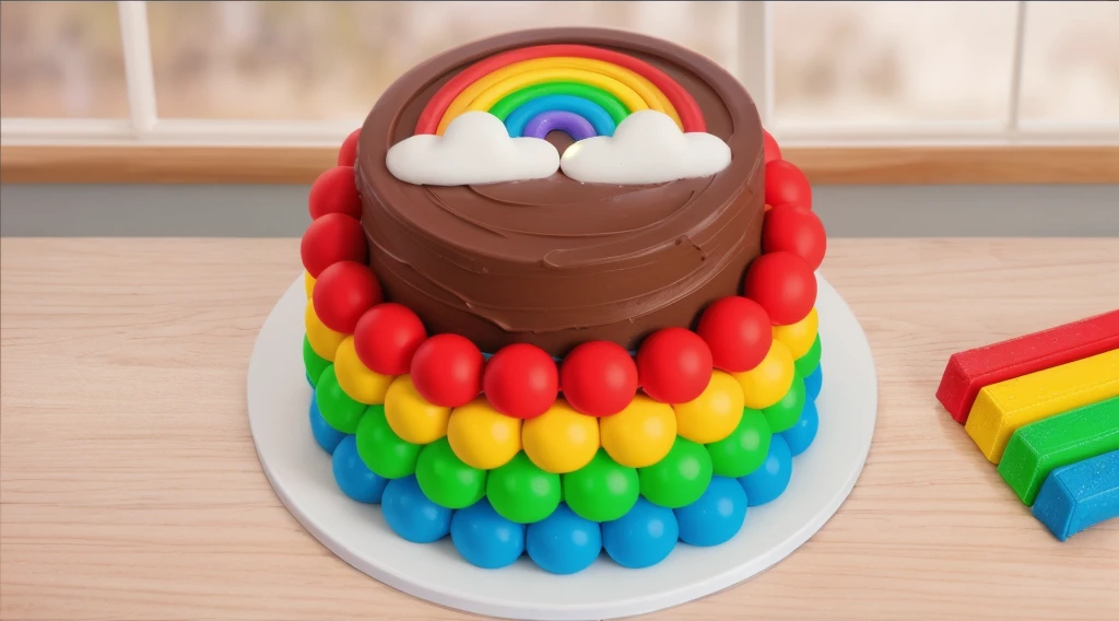 on a wooden table, on a white plate, a chocolate cream cake, candy candies around the cake, a cloud and a rainbow made of polymer clay on the cake, window light, bright lights, soft light, window light, professional lighting, light from the window, neat light, realistic texture, realistic style, detailed texture, high quality, high resolution, high quality rendering, realistic photo, brightning light, macro photo