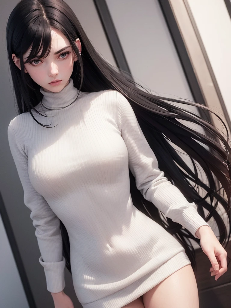 (best quality), 1girl, female, pale skin, (black hair), long hair, straight hair, grey eyes, perfect eyes, slender, tall, turtleneck sweater, stylish, elegant, serious, normal bust, masterpiece, anatomically correct, highres
