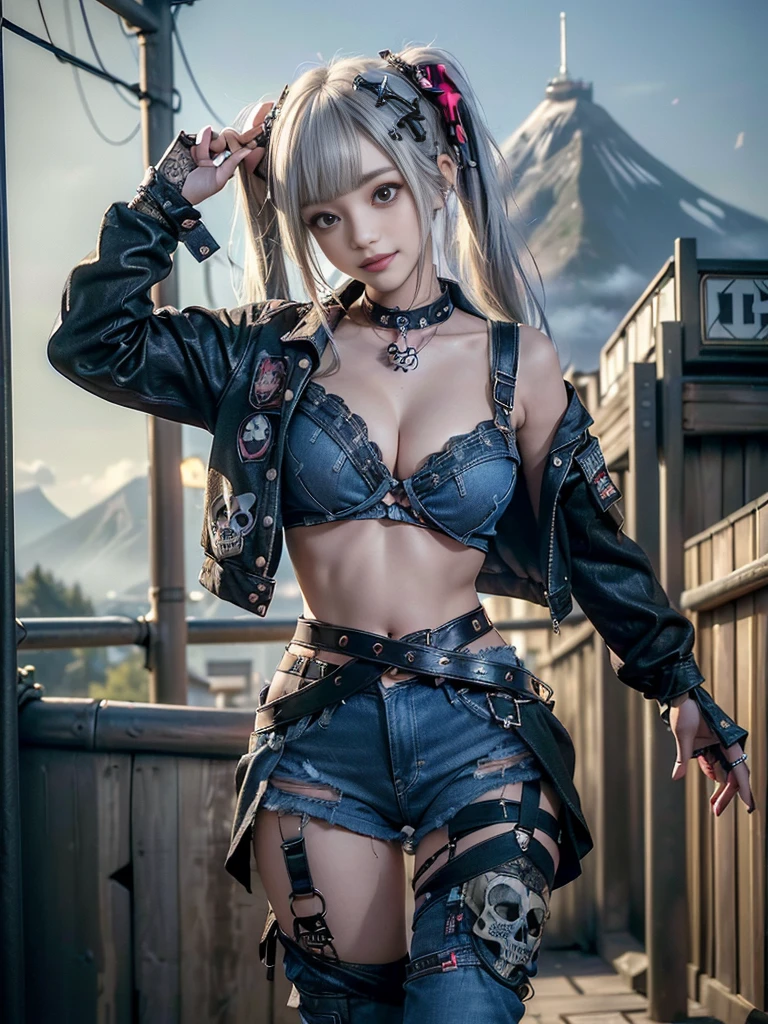 (Beautiful lips and nose:1.4)、(Long eyelashes:1.4)、(Smiling with teeth showing:1.3),(Shibuya Gal:1.5)、(Gothic ta delicately decorated dress:1.5)、(Tattered denim and black punk rock cargo pants:1.5)、(Denim and black navy skull mark small jacket:1.4)、(denim garter belt:1.5)、(Black and denim knee socks:1.3)、(Skull Silver Accessories:1.5)、(Denim collar:1.3)、(Brown Skin Belt:1.4)、(Brown boots:1.2)、(The underwear is striped:1.4)、31 years old、((Highest quality、In 8K、masterpiece:1.3))、Sharp focus:1.2、(Layered Cut、Huge boobs:1.1),Beautiful woman with perfect figure:1.4、(Dancing vigorously:1.3)、Slender Abs:1.2、Highly detailed face and skin texture、Detailed eyes、double eyelid,(Twin tails:1.3)、(Cream colored hair:1.3)、Gravure idol、(The background is a vast mountain with a clear view々Beautiful luxury resort destination in Europe:1.3)、(Slim body:1.2),(Make your legs thinner:1.4),(clavicle:1.1)