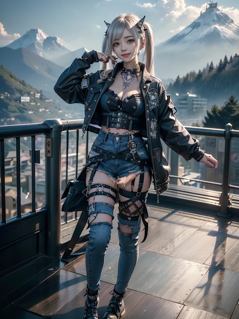 (Beautiful lips and nose:1.4)、(Long eyelashes:1.4)、(Smiling with teeth showing:1.3),(Shibuya Gal:1.5)、(Gothic Lolita delicately decorated dress:1.5)、(Tattered denim and black punk rock cargo pants:1.5)、(Denim and black navy skull mark small jacket:1.4)、(denim garter belt:1.5)、(Black and denim knee socks:1.3)、(Skull Silver Accessories:1.5)、(Denim collar:1.3)、(Brown Skin Belt:1.4)、(Brown boots:1.2)、(The underwear is striped:1.4)、31 years old、((Highest quality、In 8K、masterpiece:1.3))、Sharp focus:1.2、(Layered Cut、Huge boobs:1.1),Beautiful woman with perfect figure:1.4、(Dancing vigorously:1.3)、Slender Abs:1.2、Highly detailed face and skin texture、Detailed eyes、double eyelid,(Twin tails:1.3)、(Cream colored hair:1.3)、Gravure idol、(The background is a vast mountain with a clear view々Beautiful luxury resort destination in Europe:1.3)、(Slim body:1.2),(Make your legs thinner:1.4),(clavicle:1.1)
