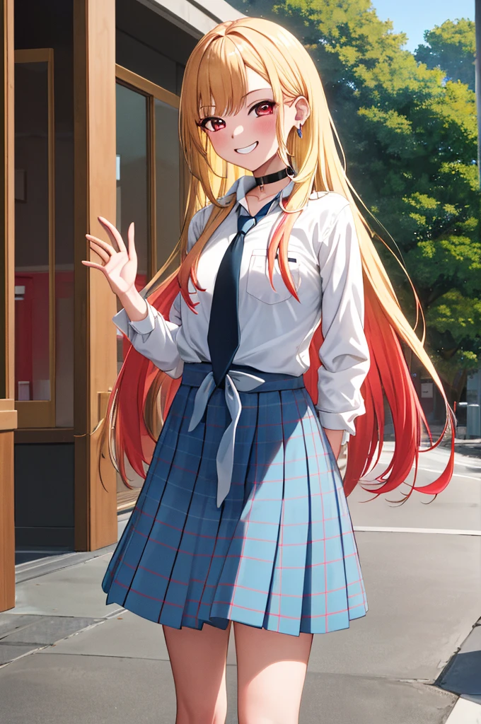 masterpiece, Highest quality, High resolution, Kitagawa Marine, One girl, Blonde, Long Hair, Multicolored Hair, Red eyes, jewelry, Earrings, Earrings, , White shirt, tie shirt, Black Choker, Blue tie, Checked skirt, mini skirt, Grin, smile, Are standing, Cowboy Shot, Outdoor, Put your hands behind your back