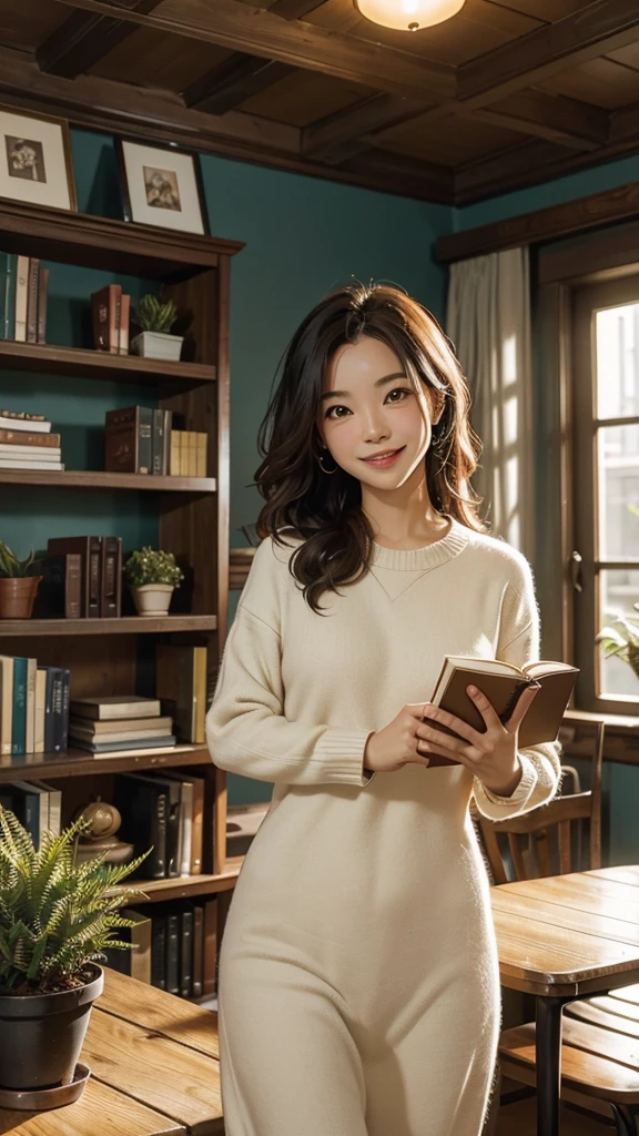 A counselor with a charming smile、Talking to the camera in a cozy, bright office。In the background々There are bookshelves lined with books and potted plants.、It creates a warm and welcoming atmosphere。