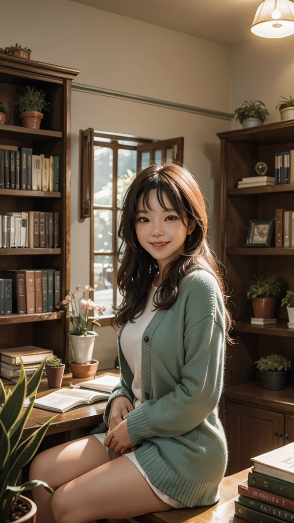 A counselor with a charming smile、Talking to the camera in a cozy, bright office。In the background々There are bookshelves lined with books and potted plants.、It creates a warm and welcoming atmosphere。