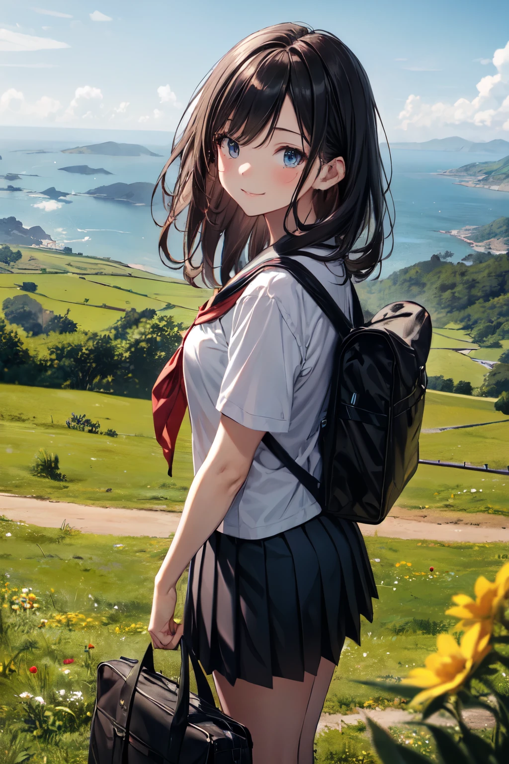 very cute and beautiful girl,(highly detailed beautiful face and eyes),(smile),happy,looking at viewer,
black hair,serafuku,short sleeve,(pleated navyblue mini skirt),standing,holding school bag,
countryside,hilltop,grassland,flowers,distant ocean background,
(best quality,masterpiece),absurdres,highres,ultra-detailed,extremely detailed,32k,8k resolution,
intricate details,cinematic scene,detailed background,solo,dynamic angle,realistic,
