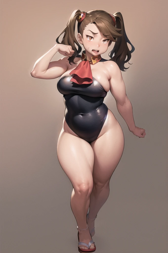 masterpiece, back view++, look back++, chubby but small breasts, very thick legs++, Full body+, Solo, Realistic, Sexy Asian face, Swollen face, Japanese face, Legs focus, Moderately fat body type+, 1 woman, wide shoulder, thick thighs, Thick waist++, leotard++, lace leotard, sexy leotard, Small breasts and fat and short leg, Muchimuchi body best quality, 1girl, kaoruko, brown hair, brown eyes, twintails, hair ornament, red ascot, looking at viewer, solo, simple background, from the front