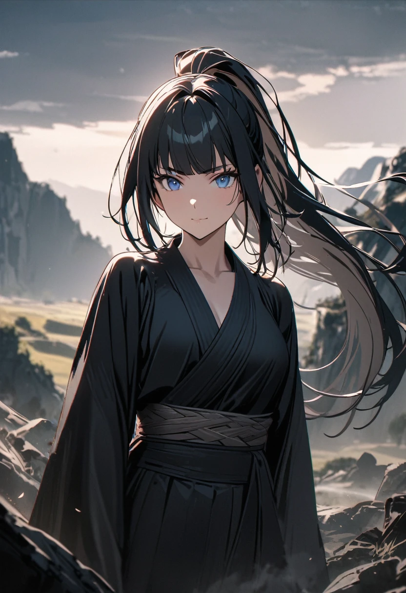 Young woman, perfect anatomic draw, perfect eyes, long black hair, beautiful eyes, straight bangs down, ponytail in the hair, (white hairpin), blue eyes, beautiful woman, brave woman, black kimono, serious smile, in the valley, sexy woman, 8k, high quality, full HD.