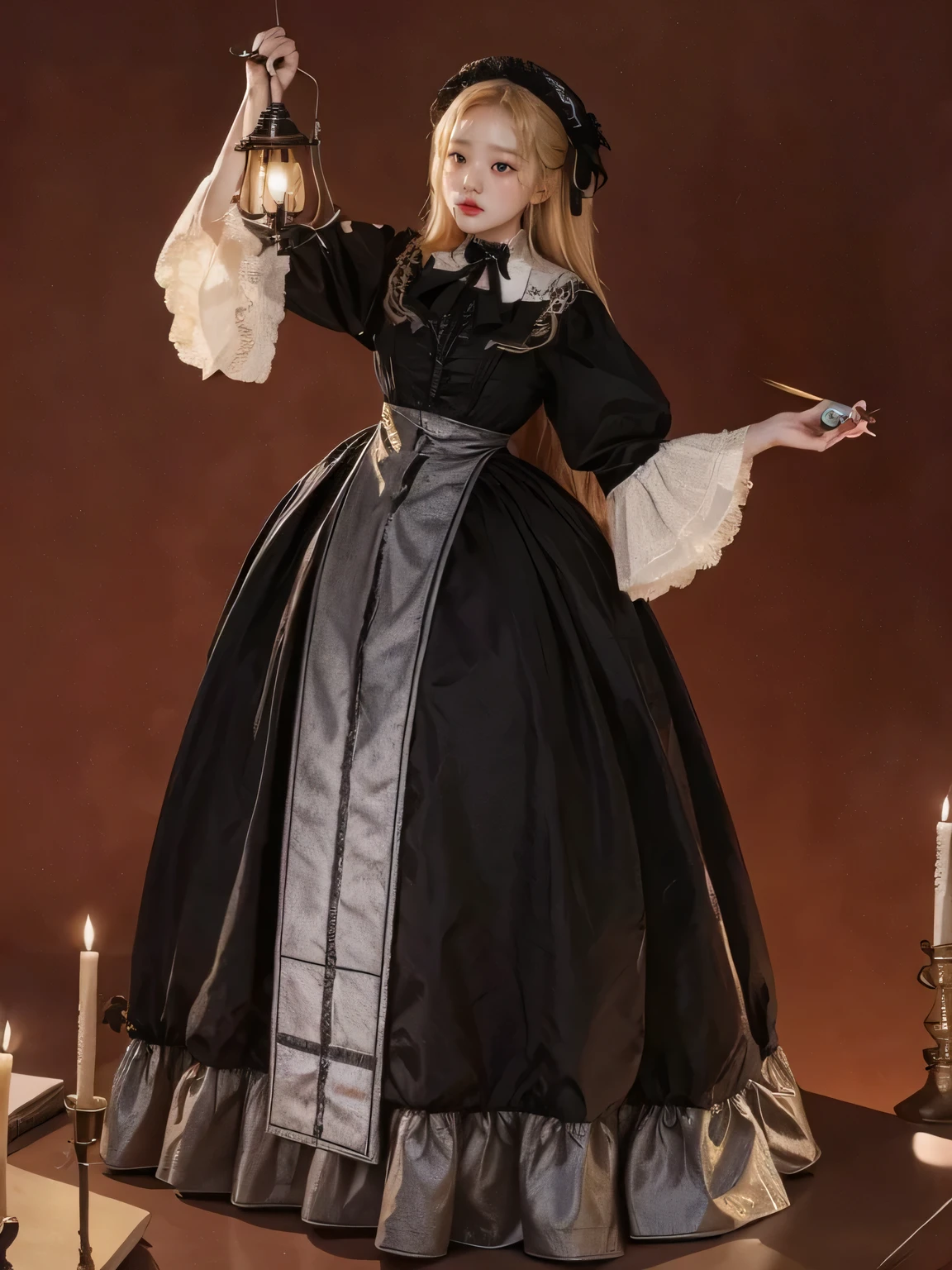Beautiful girl in Victorian style dress, lifting a lamp and holding a pipe, long blonde hair, Ive Wonyoung&#39;s face.