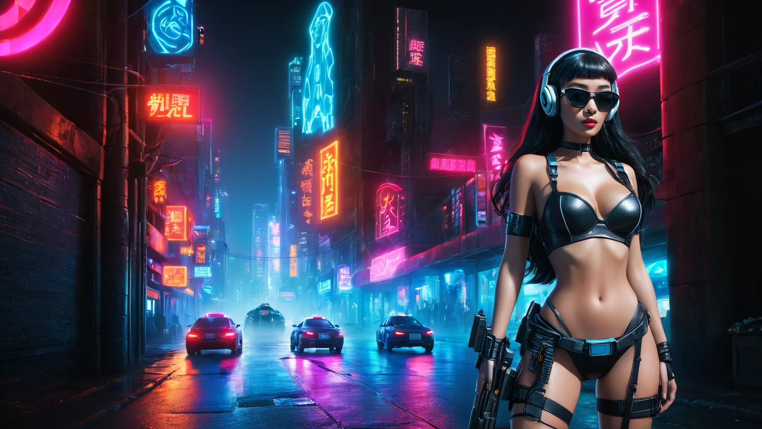 At night, dark sky, distant shot aerial view of fantasy cyberpunk style ice ((Moai-statue)) city, ((flying car)). ((1girl, solo, alone)), medium-:1.1 slim body, cleava clothes, adphone, black sunglasses, long black realistic hair), (((hip-up standing and holding pistol))), (((((half-body thigh level medium shot))))), cinematic lighting, lens flare, ray tracing.