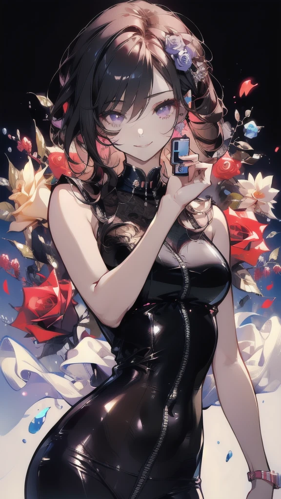 ((masterpiece, best quality)),singer,Note,Rose,earphone,Detailed face,Smile,Gradient long wavy hairstyle,whole body,Perfect body proportions,modern,Plush,Fun,sexly,extremely beautiful,Note装饰,transparent,