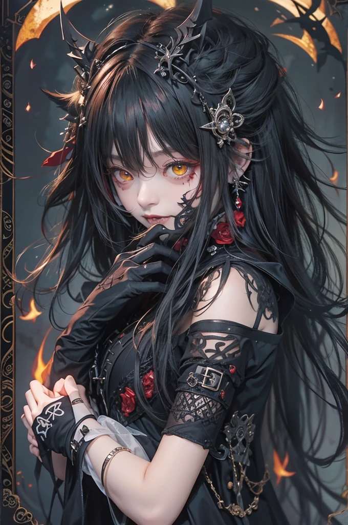 Highest quality、8K、masterpiece:1.3、Gothic Punk、The inside is red、Black-haired、hair ornaments、beautiful girl、creative、Dark Fantasy Style、Neogoth、Goth Fashion:1.2、Yellow Eyes、I can see the fangs、Bonfire under the stars