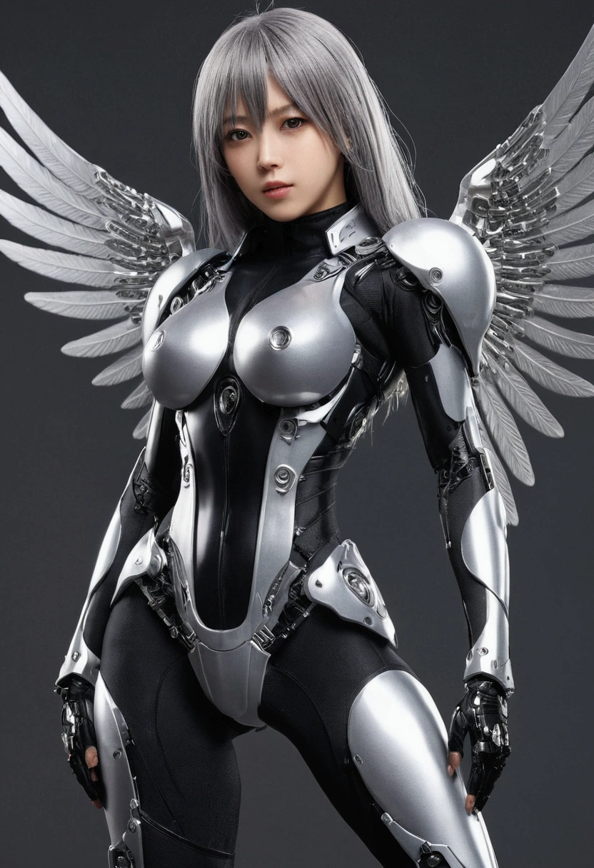 Cyber Angel,Mechanical Wing,{{sfアーマー}},Cyber Suit,cyber punk,sf,Cyber Battle Armor,Battle Dress,uniform,pants,黒いuniform,whole body,height: 168cm,almond shape eyes,{{{{{Silver Eyes}}}}},{{{{{Blunt bangs}}}}},(Slanted Eyes},{{whole body},{{{1 Girl}}}, Long Hair, Straight hair,{{{{Silver Hair}}}},{{{tsurime}}},30 years old,{Medium Chest},{{Bush}},Silver Eyes,{{{masterpiece}}}, {{{Highest quality}}}, {{Very detailedな}}, {shape}, {{Very delicate and beautiful}},Very detailed,Detailed perfection,Detailed Hyper,Abundant thighs,Big Ass,Black clothes,{{Self Snap}}