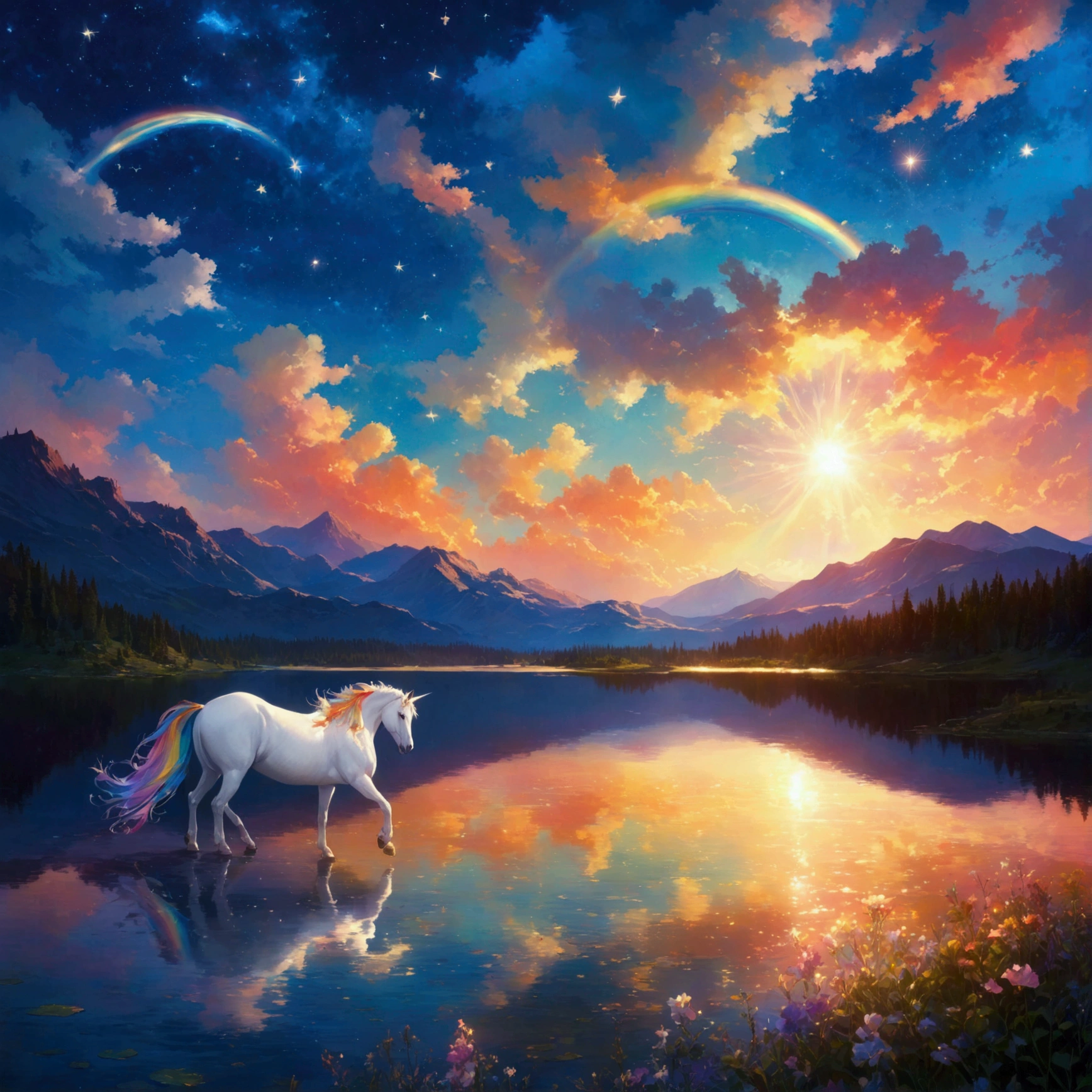 Beautiful Landscape, Fantasy, Pegasus, Night Sky, Star of the sky, moon, rainbow, lake, white, Fantasy, sunset,Lassen wind、No clouds