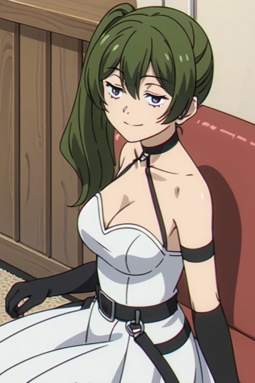 (((Best quality))),((Ultra-detailed)),((illustration)),((Disheveled hair)),((frilld)),(1 girl),(Solo),
1girl,bare shoulders,breasts,chair,choker,cleavage,dress,elbow gloves,flower,gloves,jewelry large breasts,long hair,red flower,red rose,rose,sitting,solo,wedding dress,white dress,smile,long dress,
green hair,Right side ponytail,purple eyes,
