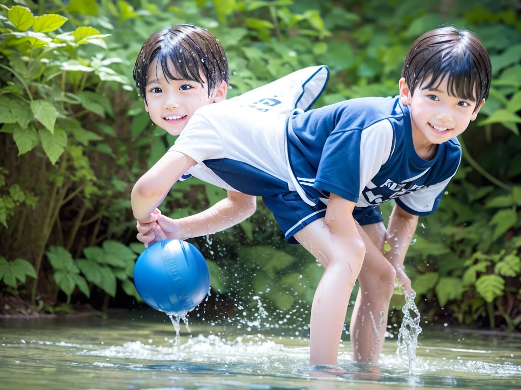 In the forest、Swimming in the river、Cool and refreshing water、e eleYear old boy、Boy in gym clothes、The bottom of the white T-shirt is blue、Blue shorts、The boys are playing、Get wet all over、Noisy boys、Splashing Water、Japanese、(Boy 1.4)