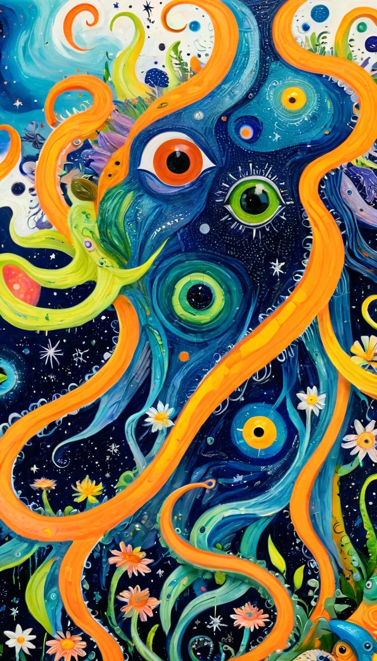 Children's graffiti,Thick coating,Concave and convex texture,Oil pastel strokes:The long-tongued monster in the galaxy、flowesh、Tentacles、bird、Eye、diatom,Abstract mosaic painting,Describing the inner world of autistic people,Sense of space,White Space,interesting,Innocence,Psychedelic Art,Orange overall