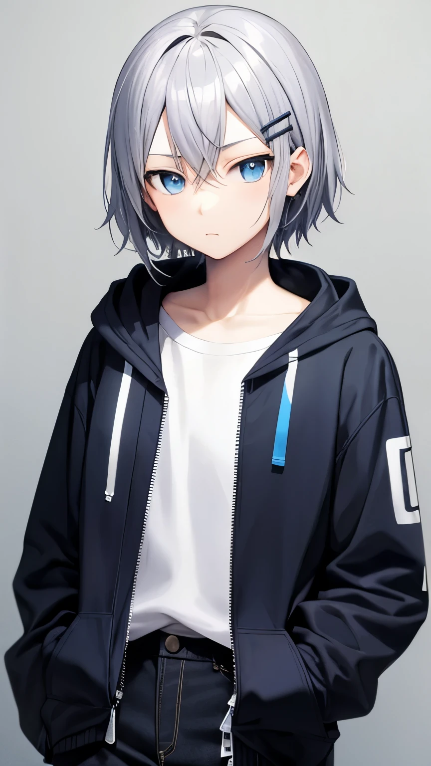 Anime style,  boy, silver haired crossed bangs with 2 hairclips on the right bangs. Blue eyes. Using white shirt and blue zipper open hoodie