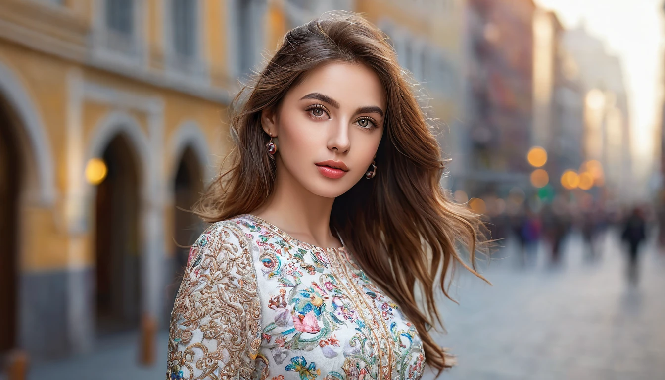 (best qualityer,4K,8K,high resolution,work of art:1.2),ultra detali,(realisitic,photorealisitic,photo-realisitic:1.37),beautiful detailed eyes,beautiful detailed lips,extreme detailed face,sharp focus,physically based rendering,proffesional,bright coloured,bokeh,average:oil painting,long brown hair,stylish dress,confident stance,city background,lively atmosphere,natural lighting, whole body, hand on back.