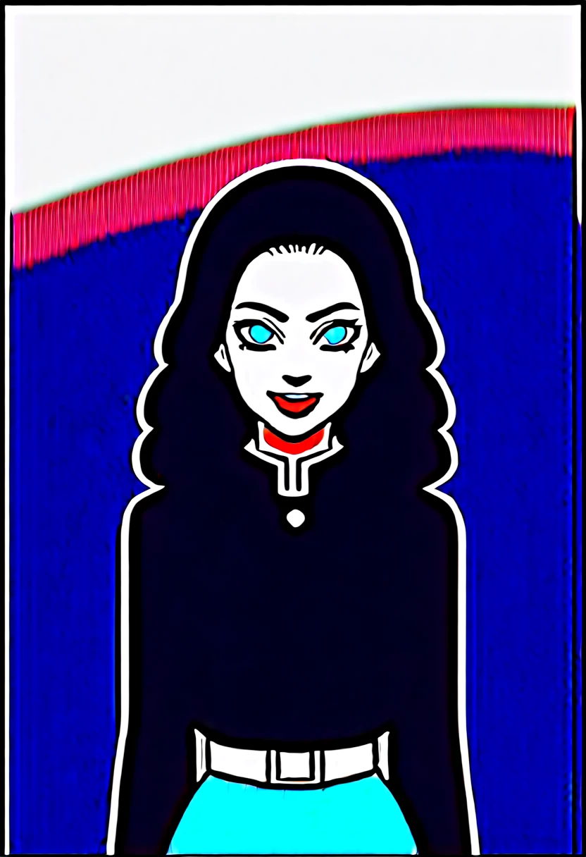 Draw a character in animated art style, with a vibrant and expressive appearance. The character must have exaggerated characteristics, like big, expressive eyes, a subtle and fun smile, and a straight posture. The background should be simple and not distract from the main figure. The character must be from the Kimetsu no Yaiba universe/Demon Slayer, frontal angle, animated cartoon, beautiful drawing. A female character, light blue gradient black hair, blue colored eyes, wearing a pretty dark colored skirt, haori azul, pose more at the waist, blue katana.