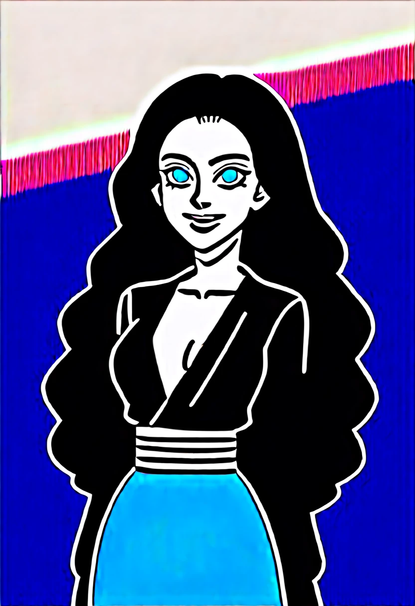 Draw a character in animated art style, with a vibrant and expressive appearance. The character must have exaggerated characteristics, like big, expressive eyes, a subtle and fun smile, and a straight posture. The background should be simple and not distract from the main figure. The character must be from the Kimetsu no Yaiba universe/Demon Slayer, frontal angle, animated cartoon, beautiful drawing. A female character, light blue gradient black hair, blue colored eyes, wearing a pretty dark colored skirt, haori azul, pose more at the waist, blue katana.