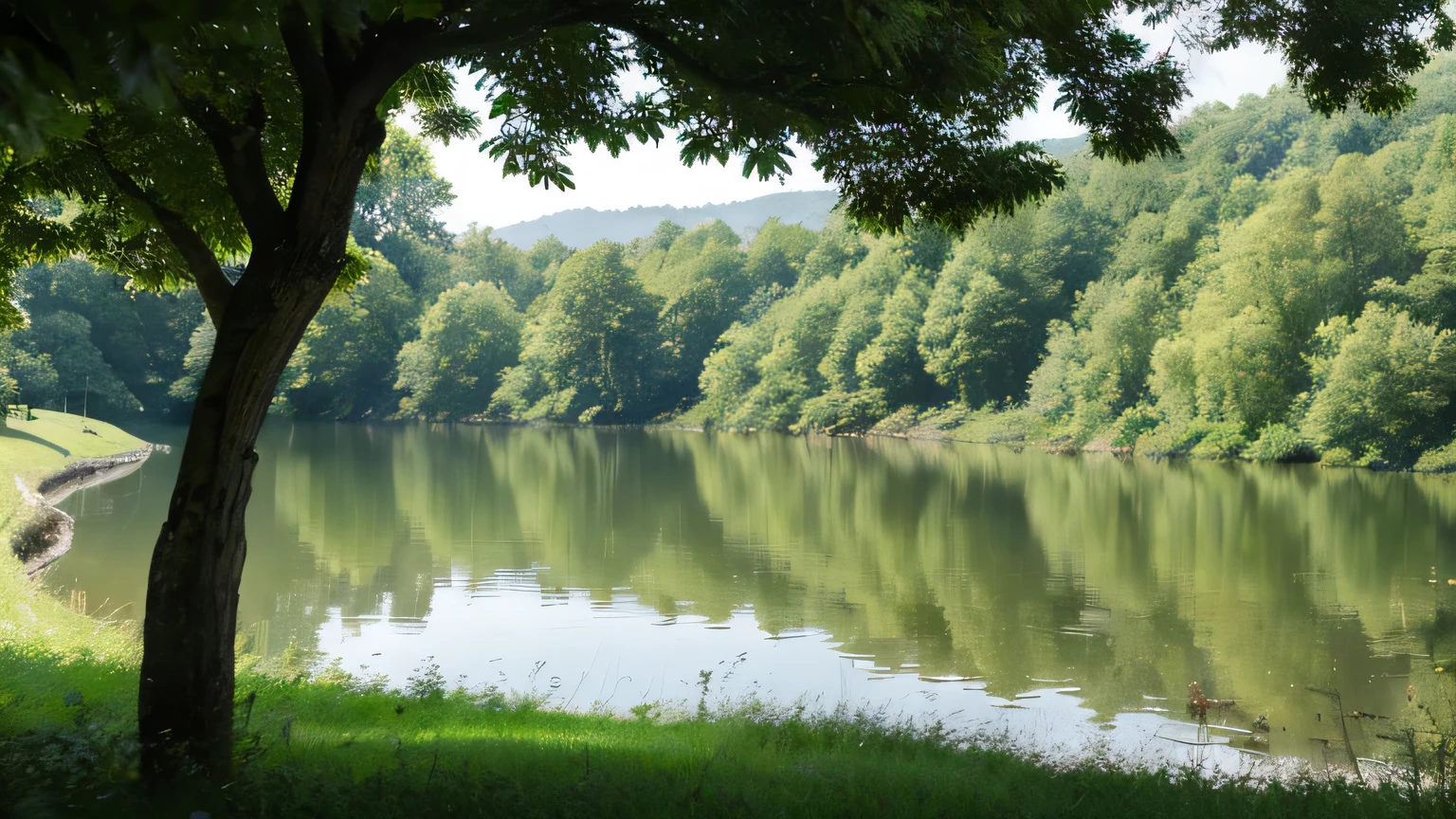 ((best quality)), ((masterpiece)), (detailed), A beautiful lake located in the forest,Taken on a sunny summer day。Surrounded by green trees,The lake is crystal clear,Reflecting the beautiful scenery of blue sky and white clouds。Svetlin Velinov’s photography style is extremely artistic,Focus on minimalism,Capturing the purity and harmony of nature。A coniferous forest landscape can be seen in the background,This view of the Siberian taiga adds a sense of depth to the image。Green trees around the lake reflect the water,Make the overall picture more vivid and harmonious。The lake in the foreground acts like a mirror,Quietly showing the beauty of nature,Gives people a sense of peace and tranquility。