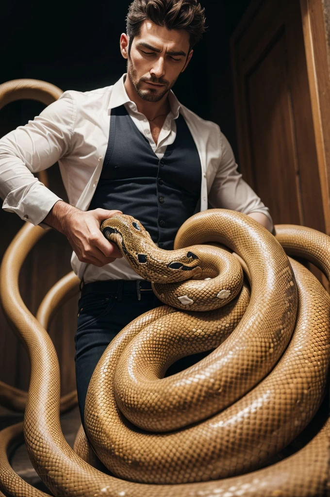 realistic photo of a man with a coiled snake
