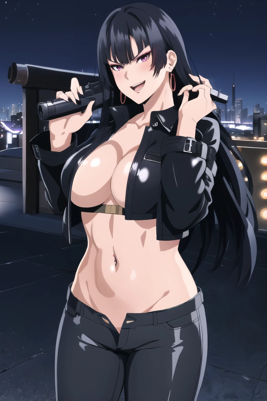 nyotengu, long hair, blush, lipstick, jewelry, earrings, Hot girl, baddie, staring, glaring, bad attitude, mean girl, dare, angry, hate, crazy, smoking, sensual, attractive, blush, lipstick, outdoors, rooftop, cityscape, building, railing, night, night sky, scenery, , city lights, masterpiece, best quality, highly detailed, a girls with a gun, evil smile , open mouth, y gaze, badass pose , evil smile, smile, (nsfw) not safe for work, guns blazing, anime girl with long hair, beautiful long haired girl, navel, evil expression, exposed belly, exposed navel, exposed midriff, exposed lower belly, long black pants, crop top, clenbuttoned leather pants ,open fly, low rise black leather pants, leather jacket, holding a gun,, navel piercing