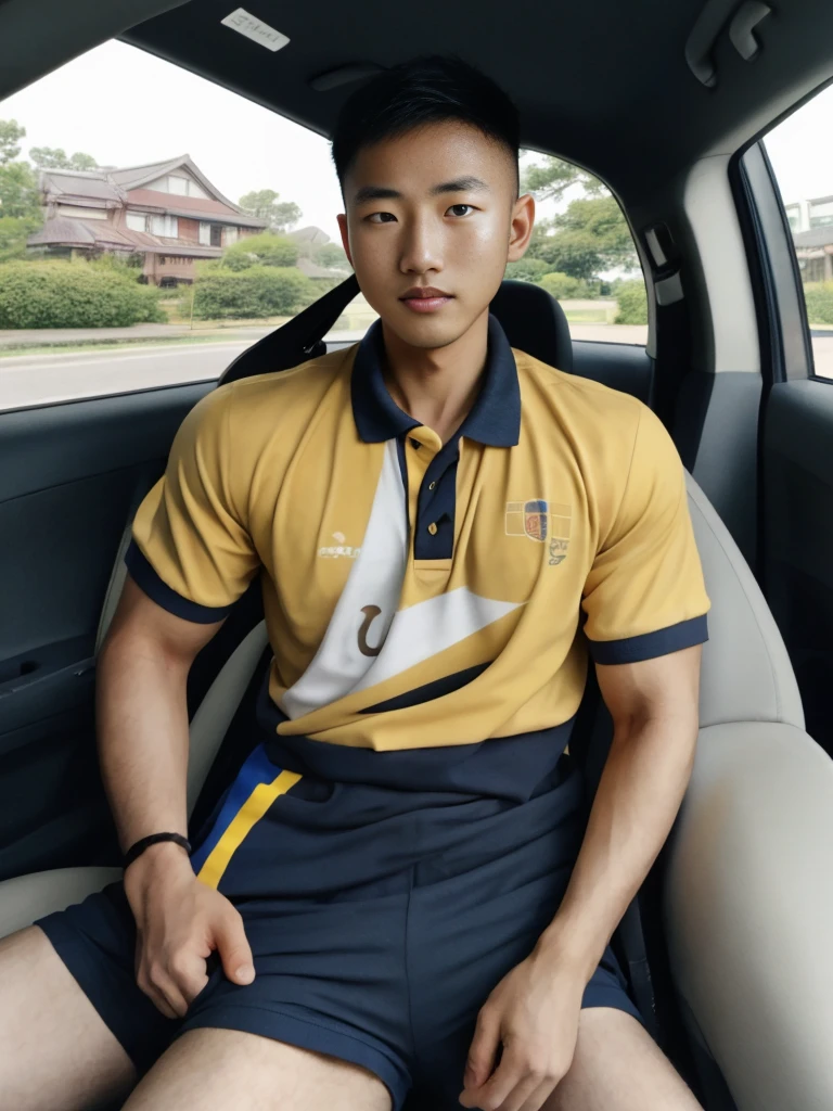 A handsome, muscular young Asian man looks at the camera. In a simple polo shirt black and yellow , car sunlight, 