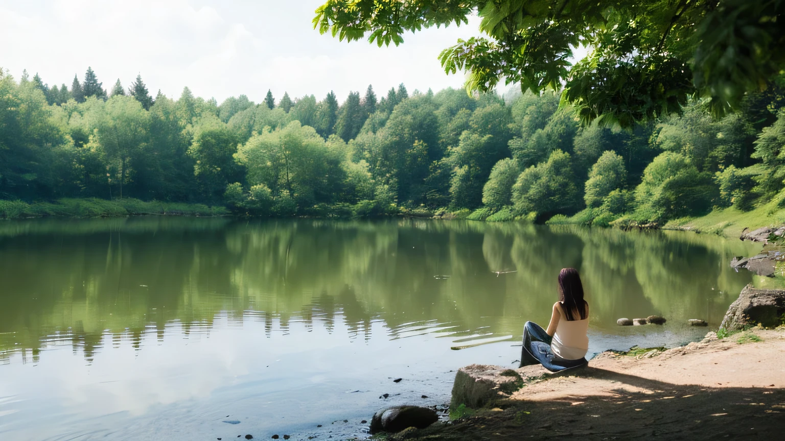 ((best quality)), ((masterpiece)), (detailed), A beautiful lake located in the forest，Taken on a sunny summer day。Surrounded by green trees，The lake is crystal clear，Reflecting the beautiful scenery of blue sky and white clouds。Svetlin Velinov’s photography style is extremely artistic，Focus on minimalism，Capturing the purity and harmony of nature。A coniferous forest landscape can be seen in the background，This view of the Siberian taiga adds a sense of depth to the image。Green trees around the lake reflect the water，Make the overall picture more vivid and harmonious。The lake in the foreground acts like a mirror，Quietly showing the beauty of nature，Gives people a sense of peace and tranquility。
