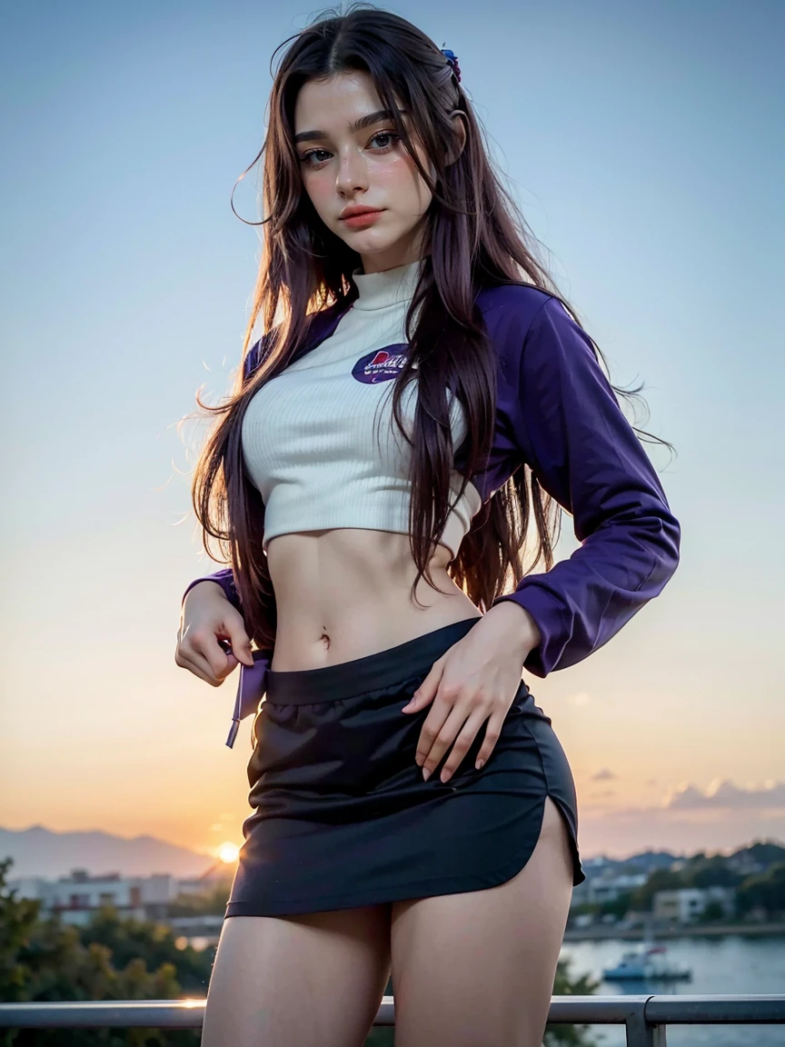 (1 lady), (Best quality at best:1.4), (ultra - detailed), (extremely detailed CG unified 16k), A Beautiful Woman with Perfect Figure: 1.4, Sharp Focus: 1.2, very detailed, High-definition RAW color photo, professional photoshooting, amazing face and eyes, (amazingly beautiful girl), ((masterpiece)), realistic cinematic face, head to feet long wide zoomed out view, full body long view, photorealistic, ((highres)), ((detailed background)), solo, gym woman body, natural lighting, sunset, (ichinose kotomi), gorgeous, extremely beautiful face, perfect model beauty, Highly Detailed Face and Skin Texture, Detailed Eyes, Double Eyelids, ((clothing: clannad uniform, CLANNAD uniform, skirt, blazer, CLANNAD Uniform:1)), ((realistic natural purple hair style, purple eyes, long hair, hair ornaments)) RAW UHD 8k photography, tarankaaa, not Dasha Taran, library background, extremely detailed, blurred background, depth of field, cinematic lighting, amazing legs, high heels, clear and well-cared skin, athletic, big proportions body, looking at viewer, front view