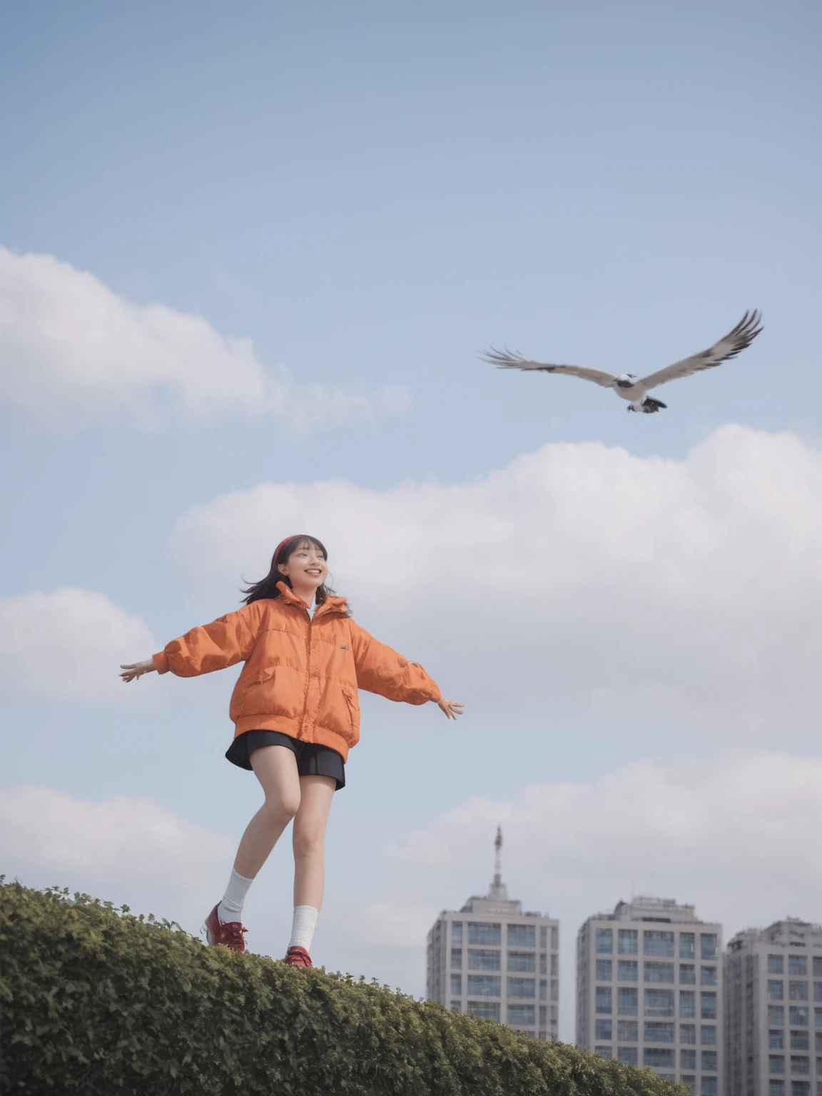 score_9, score_8_up, score_7_up, solo Asian girl, outdoors, smiling, black hair, red headband, orange jacket, shoes, white socks, looking up at sky and clouds, birds flying, surrounded by leaves and buildings, wide shot from below, daytime